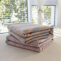 Grey and Pink Cotton Three-Layer Gauze Bed Cover Set - Reversible Vintage Printed Blanket with Two Pillowcases for Year-Round