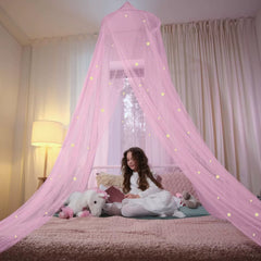 Pink Glow-in-the-Dark Stars Princess Bed Canopy Mosquito Net for King Queen Beds 250cm Height Extra Large 12m Circumference A