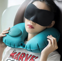 2-PCS Green  Inflatable Travel Neck Pillow Press to Inflate U-Shape Soft Flocking Support Cushion for Airplane Car & Camping 