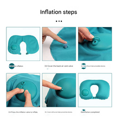 2-PCS Navy blue Inflatable Travel Neck Pillow Press to Inflate U-Shape Soft Flocking Support Cushion for Airplane Car & Campi