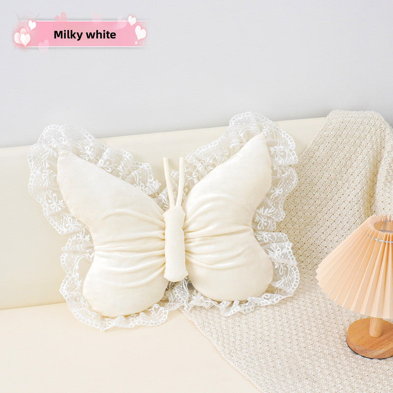 White Elegant Butterfly Lace Throw Pillow 60x45cm Soft Decorative Cushion for Sofa Bedroom Office and Car Comfort Backrest Ac