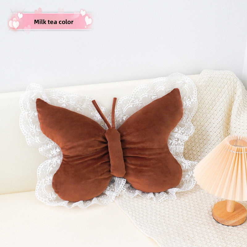 Brown Elegant Butterfly Lace Throw Pillow 60x45cm Soft Decorative Cushion for Sofa Bedroom Office and Car Comfort Backrest Ac