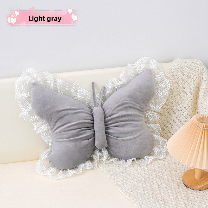 Grey Elegant Butterfly Lace Throw Pillow 60x45cm Soft Decorative Cushion for Sofa Bedroom Office and Car Comfort Backrest Acc