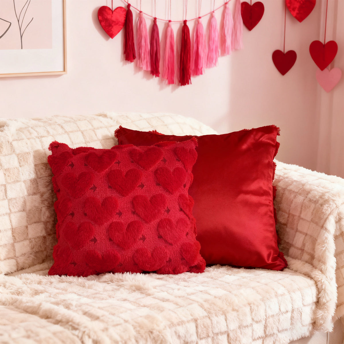2-PCS Red arrow Romantic Heart-Shaped Tufted Pillow Covers Soft Plush 45x45cm Decorative Cushion Cases for Valentine's Day Li