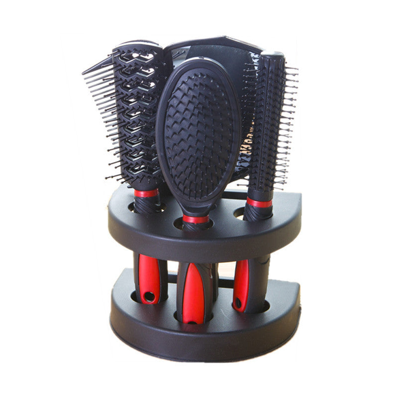 Red 5-Piece Hair Care Set with Rotating Stand – Includes Flat Comb, Styling Brush, Massage Comb, Round Brush, and Handheld Mi