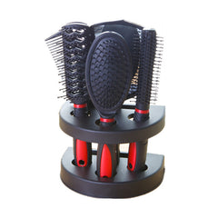 Red 5-Piece Hair Care Set with Rotating Stand – Includes Flat Comb, Styling Brush, Massage Comb, Round Brush, and Handheld Mi