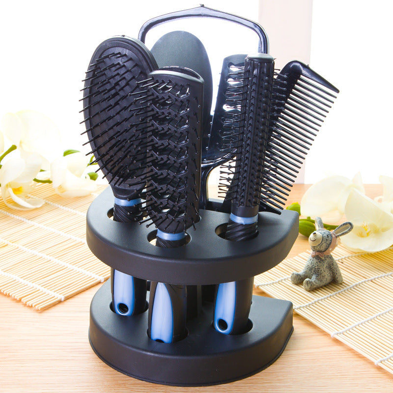 Blue 5-Piece Hair Care Set with Rotating Stand – Includes Flat Comb, Styling Brush, Massage Comb, Round Brush, and Handheld M