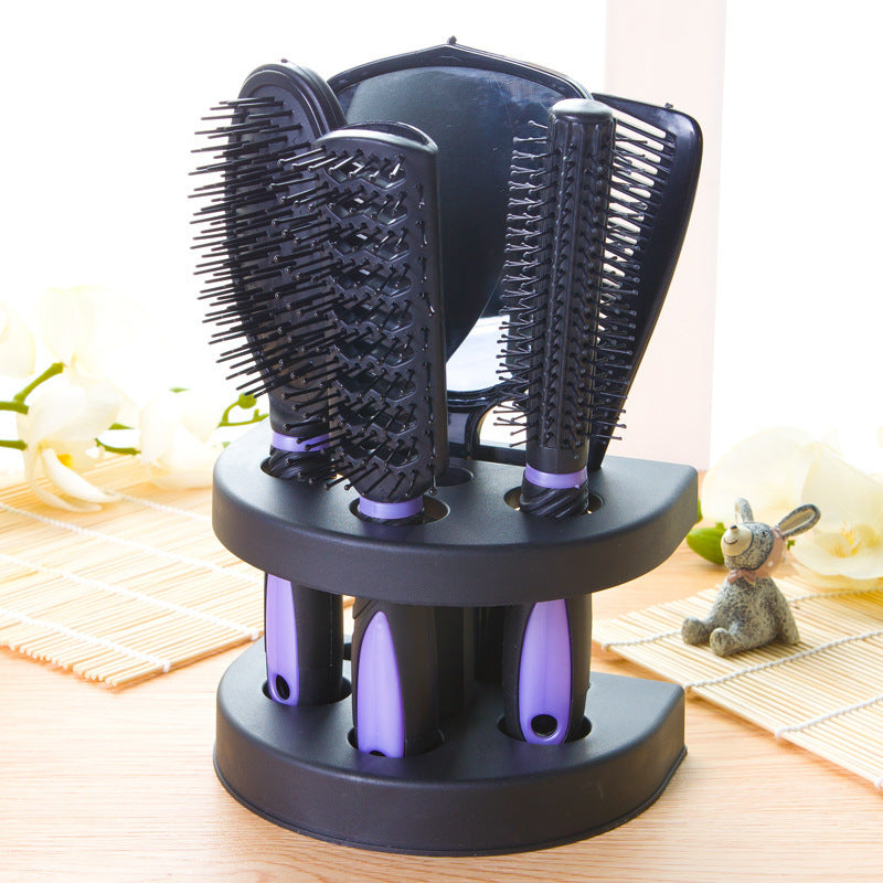 Purple 5-Piece Hair Care Set with Rotating Stand – Includes Flat Comb, Styling Brush, Massage Comb, Round Brush, and Handheld