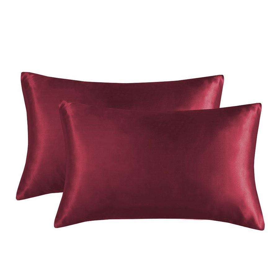 1-Pair Wine Red Luxury Satin Silk Pillowcase for Hair and Skin - Smooth Cooling Pillow Cover with Envelope Closure - Queen (2