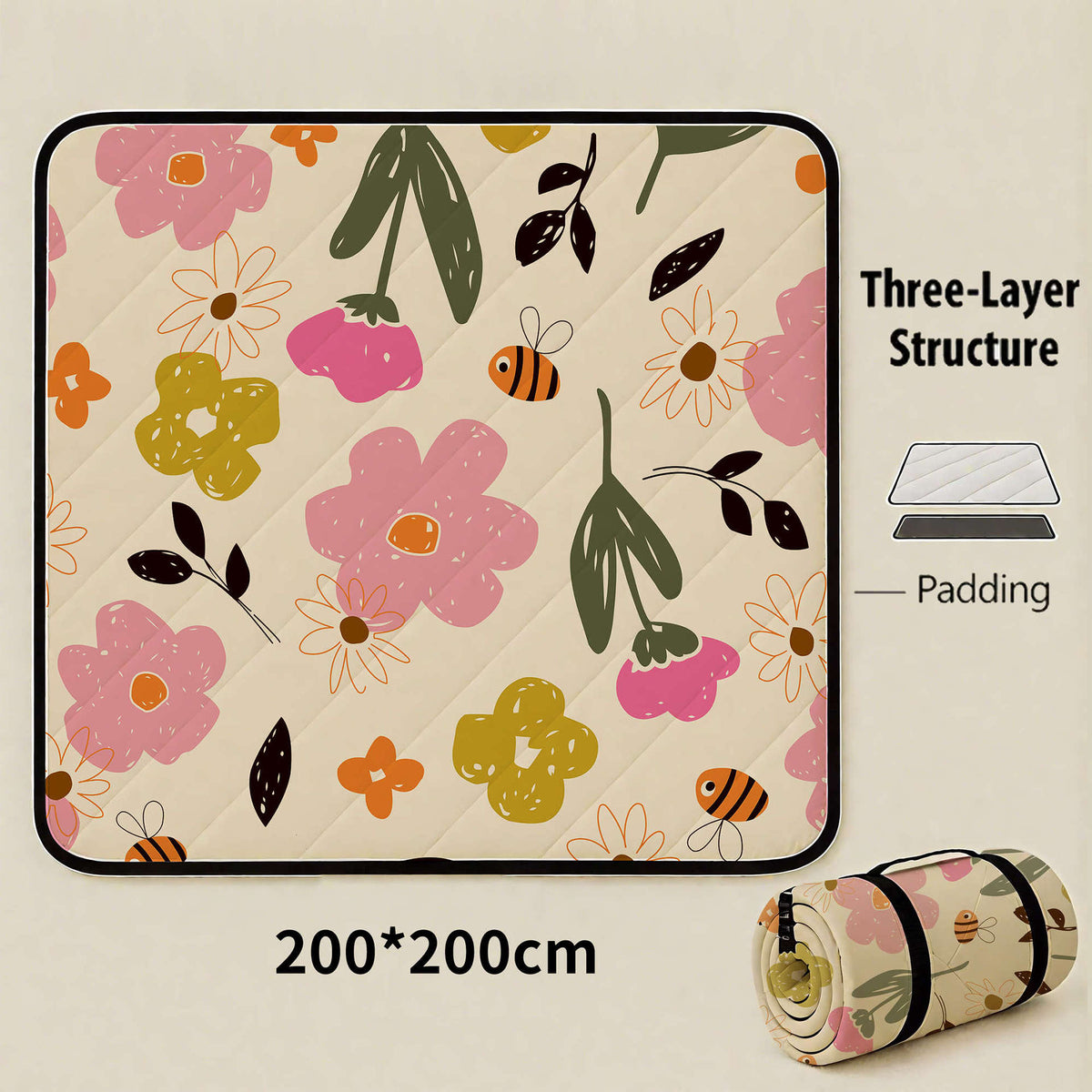 Sea of Bee Flowers Extra Large 200x200cm Waterproof Picnic Mat - Portable Thickened Oxford Cloth Outdoor Camping Blanket for 