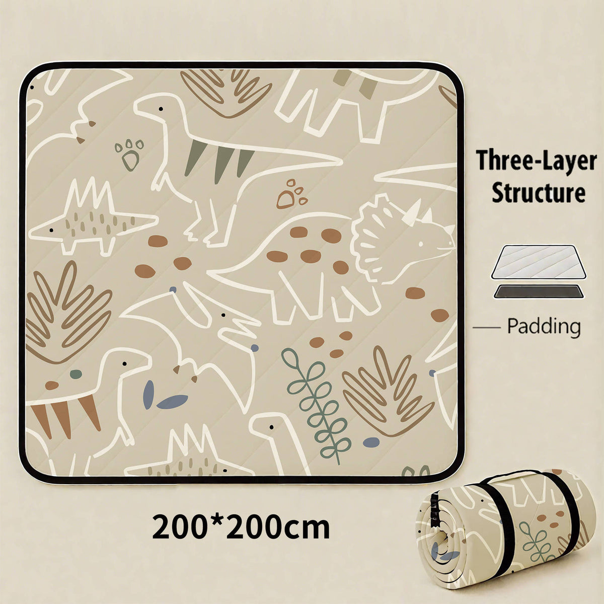 Line Dinosaur Extra Large 200x200cm Waterproof Picnic Mat - Portable Thickened Oxford Cloth Outdoor Camping Blanket for Beach