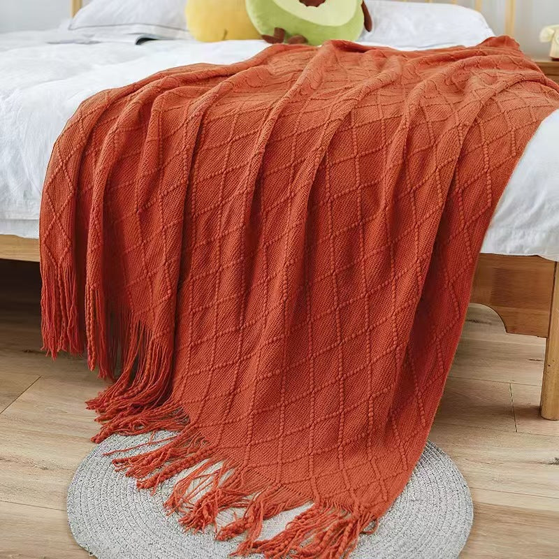 Brick-red Nordic Minimalist Knit Throw Blanket – 127×180cm Lightweight, Soft & Breathable Fleece-like Fabric with Tassel Edge