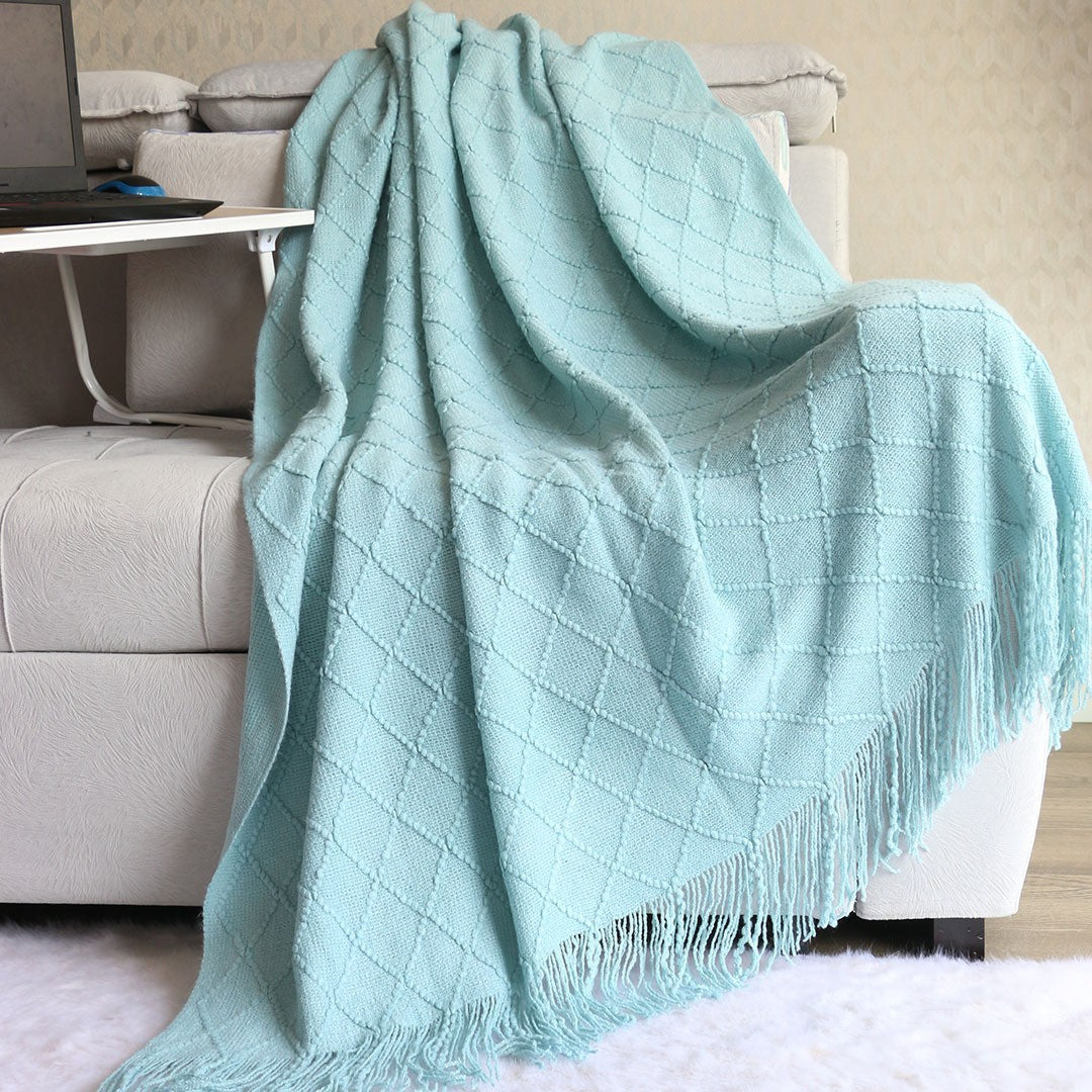 Lake blue Nordic Minimalist Knit Throw Blanket – 127×180cm Lightweight, Soft & Breathable Fleece-like Fabric with Tassel Edge