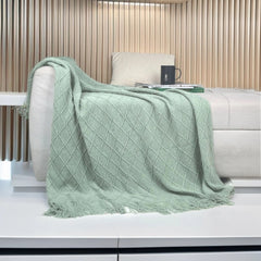 Mint green Nordic Minimalist Knit Throw Blanket – 127×180cm Lightweight, Soft & Breathable Fleece-like Fabric with Tassel Edg