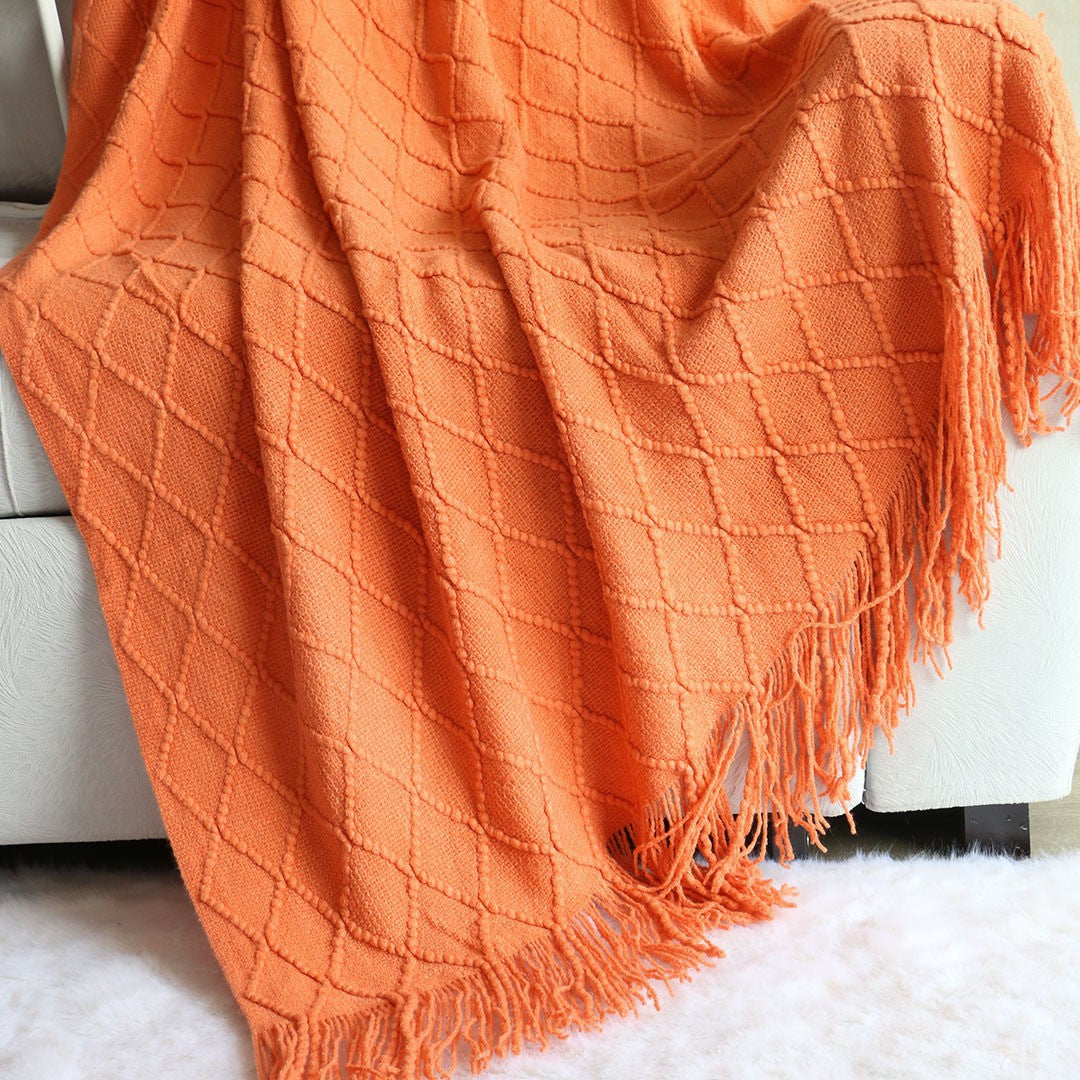 Orange-red Nordic Minimalist Knit Throw Blanket – 127×180cm Lightweight, Soft & Breathable Fleece-like Fabric with Tassel Edg