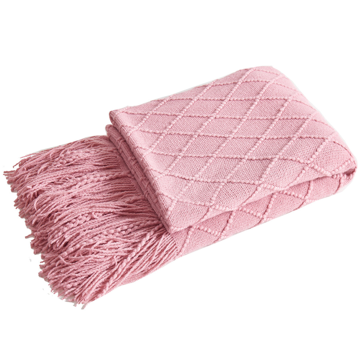 Pink Nordic Minimalist Knit Throw Blanket – 127×180cm Lightweight, Soft & Breathable Fleece-like Fabric with Tassel Edges for