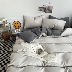 Haze gray Washed Cotton Bedding Set - Solid Color Fitted Sheet Style, 4-Piece Set for 1.5m Bed, Includes 10 Random Color Quil