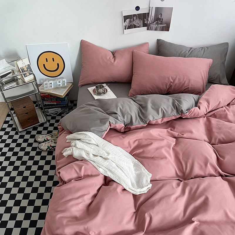 Light grey and pink Washed Cotton Bedding Set - Solid Color Fitted Sheet Style, 4-Piece Set for 1.5m Bed, Includes 10 Random 