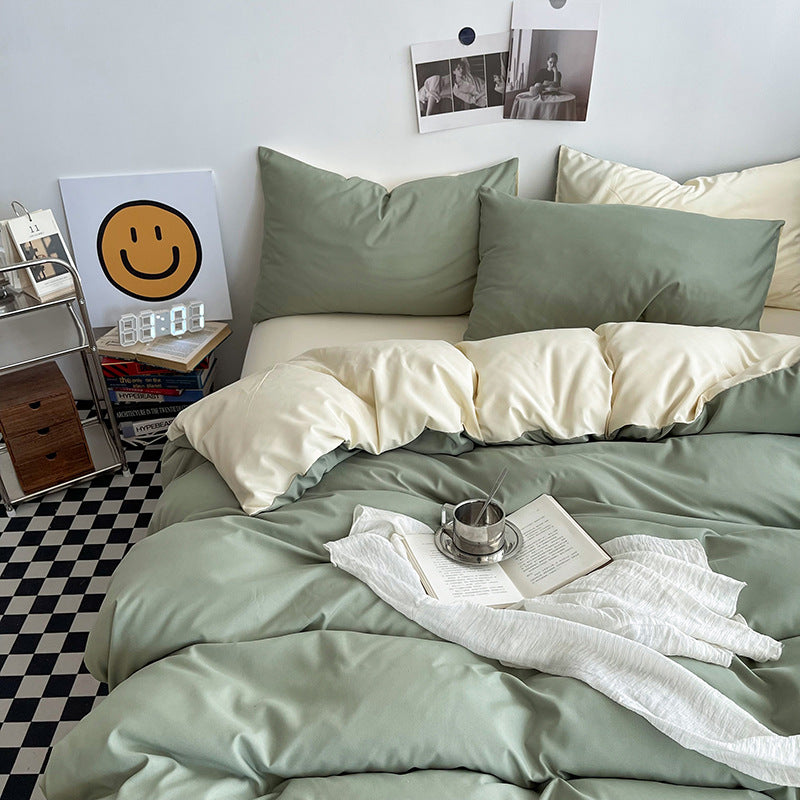 Matcha Cheese Washed Cotton Bedding Set - Solid Color Fitted Sheet Style, 4-Piece Set for 1.5m Bed, Includes 10 Random Color 
