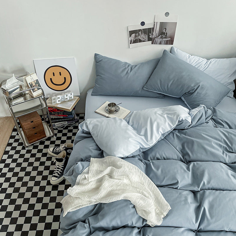 Hazy Blue Washed Cotton Bedding Set - Solid Color Fitted Sheet Style, 4-Piece Set for 1.5m Bed, Includes 10 Random Color Quil