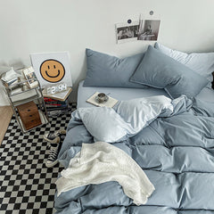 Hazy Blue Washed Cotton Bedding Set - Solid Color Fitted Sheet Style, 4-Piece Set for 1.5m Bed, Includes 10 Random Color Quil