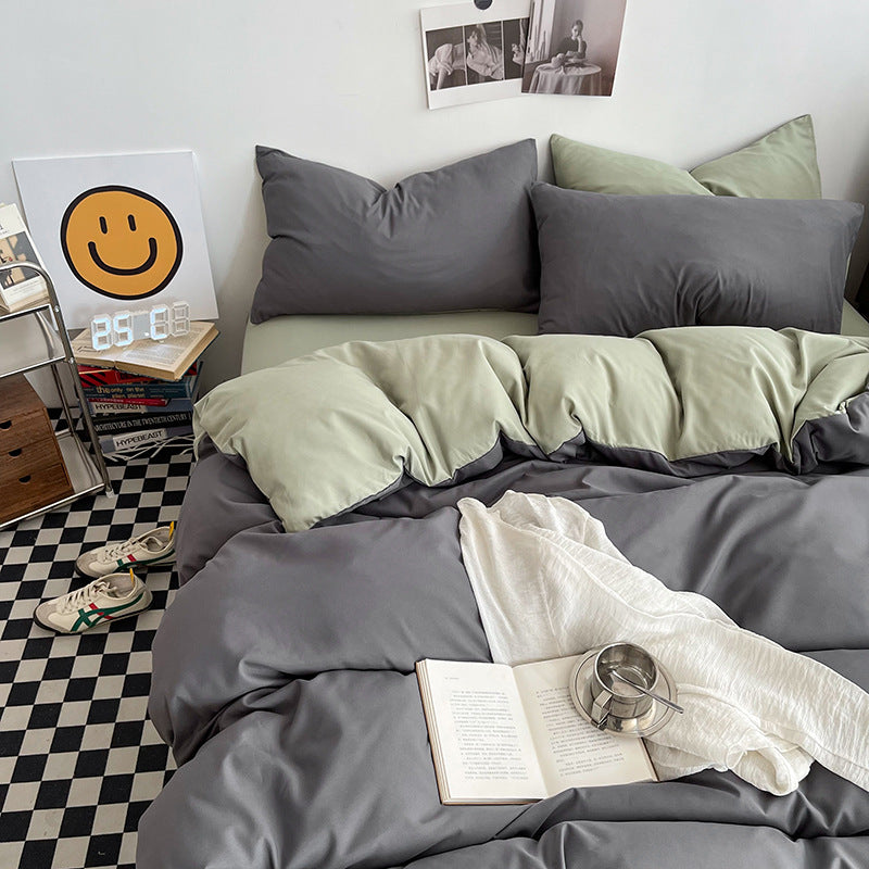 Dark gray matcha Washed Cotton Bedding Set - Solid Color Fitted Sheet Style, 4-Piece Set for 1.5m Bed, Includes 10 Random Col