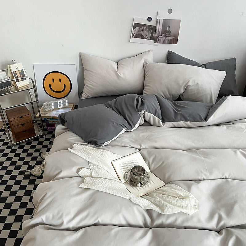 Haze gray Washed Cotton Bedding Set - Solid Color Fitted Sheet Style, 4-Piece Set for 1.8m Bed, Includes 10 Random Color Quil