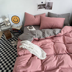 Light grey and pink Washed Cotton Bedding Set - Solid Color Fitted Sheet Style, 4-Piece Set for 1.8m Bed, Includes 10 Random 