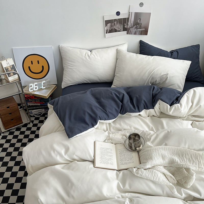 White and Dark Grey Washed Cotton Bedding Set - Solid Color Fitted Sheet Style, 4-Piece Set for 1.8m Bed, Includes 10 Random 
