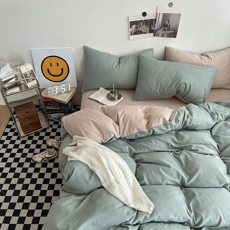 Matcha khaki Washed Cotton Bedding Set - Solid Color Fitted Sheet Style, 4-Piece Set for 1.8m Bed, Includes 10 Random Color Q
