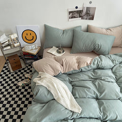 Matcha khaki Washed Cotton Bedding Set - Solid Color Fitted Sheet Style, 4-Piece Set for 1.8m Bed, Includes 10 Random Color Q