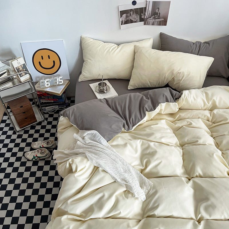 Light yellow and light gray Washed Cotton Bedding Set - Solid Color Fitted Sheet Style, 4-Piece Set for 1.8m Bed, Includes 10