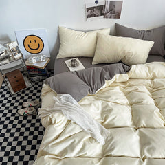 Light yellow and light gray Washed Cotton Bedding Set - Solid Color Fitted Sheet Style, 4-Piece Set for 1.8m Bed, Includes 10