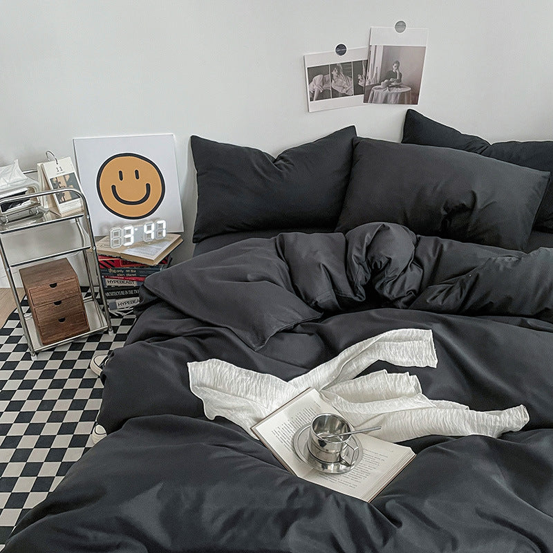 Black Washed Cotton Bedding Set - Solid Color Fitted Sheet Style, 4-Piece Set for 1.8m Bed, Includes 10 Random Color Quilt Fa