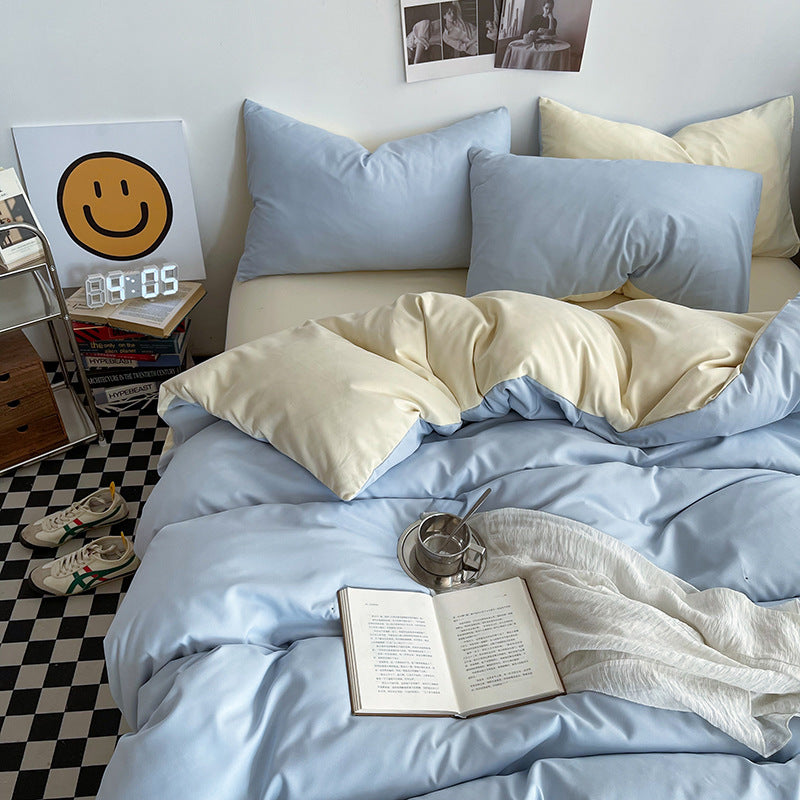 Light blue cheese Washed Cotton Bedding Set - Solid Color Fitted Sheet Style, 4-Piece Set for 1.8m Bed, Includes 10 Random Co