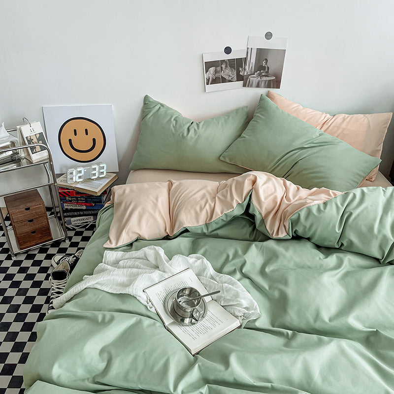 Light green and light camel color Washed Cotton Bedding Set - Solid Color Fitted Sheet Style, 4-Piece Set for 1.8m Bed, Inclu