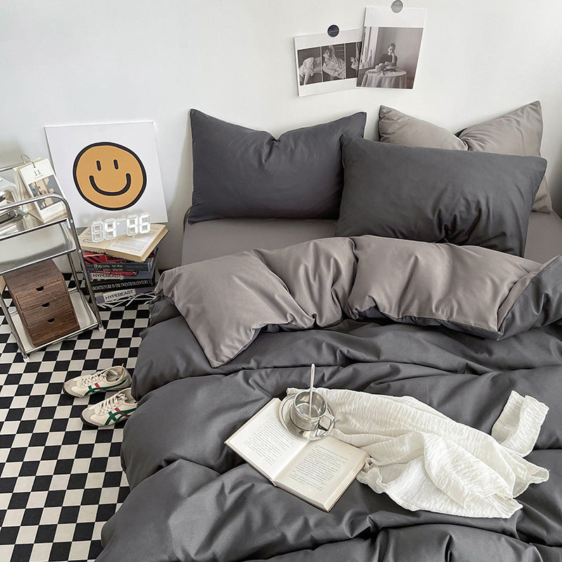 Dark gray and light gray Washed Cotton Bedding Set - Solid Color Fitted Sheet Style, 4-Piece Set for 1.5m Bed, Includes 10 Ra