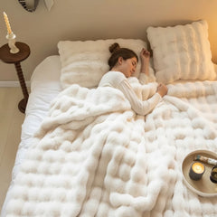 White Luxury Tuscany Fleece Rabbit Fur Bubble Blanket - Double-Sided Thickened Soft Plush Extra Large Bedding Set(200x230 CM 