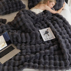 Black Grey Luxury Tuscany Fleece Rabbit Fur Bubble Blanket (180 x 200 CM) - Double-Sided Thickened Soft Plush Bedding & Large