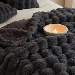 Black Grey Luxury Tuscany Fleece Rabbit Fur Bubble Blanket (180 x 200 CM) - Double-Sided Thickened Soft Plush Bedding & Large