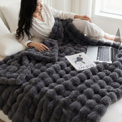 Black Grey Luxury Tuscany Fleece Rabbit Fur Bubble Blanket (200 x 230 CM) - Double-Sided Thickened Soft Plush Bedding & Extra