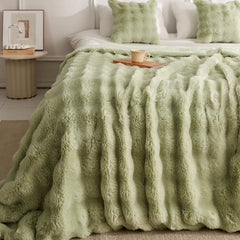 Green Luxury Tuscany Fleece Rabbit Fur Bubble Blanket - Double-Sided Thickened Soft Plush Extra Large Bedding Set(200x230 CM 