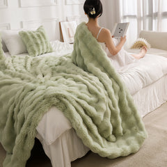 Green Luxury Tuscany Fleece Rabbit Fur Bubble Blanket - Double-Sided Thickened Soft Plush Extra Large Bedding Set(200x230 CM 