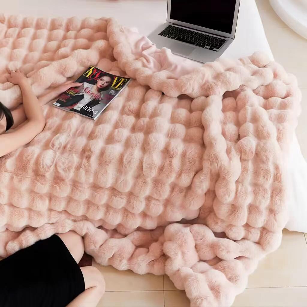 2-Pack Pink Luxury Tuscany Fleece Rabbit Fur Bubble Blanket (45 x 45 CM) - Double-Sided Thickened Soft Plush Bedding & Cushio