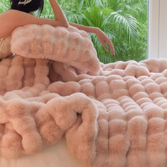 2-Pack Pink Luxury Tuscany Fleece Rabbit Fur Bubble Blanket (45 x 45 CM) - Double-Sided Thickened Soft Plush Bedding & Cushio