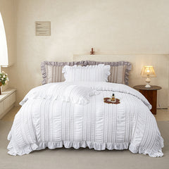 White Elegant Ruffle Seersucker Duvet Cover with 2PCS Pillow Shams - 3-Piece Vertical Stripe Clipped Floral Textured Bedding 