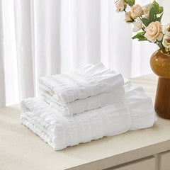 White Elegant Ruffle Seersucker Duvet Cover with 2PCS Pillow Shams - 3-Piece Vertical Stripe Clipped Floral Textured Bedding 