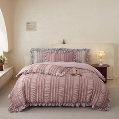 Pink Elegant Ruffle Seersucker Duvet Cover with 2PCS Pillow Shams - 3-Piece Vertical Stripe Clipped Floral Textured Bedding (