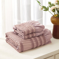 Pink Elegant Ruffle Seersucker Duvet Cover with 2PCS Pillow Shams - 3-Piece Vertical Stripe Clipped Floral Textured Bedding (