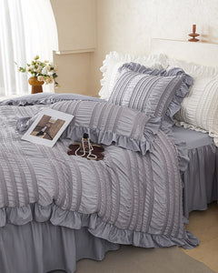 Pink Elegant Ruffle Seersucker Duvet Cover with 2PCS Pillow Shams - 3-Piece Vertical Stripe Clipped Floral Textured Bedding (